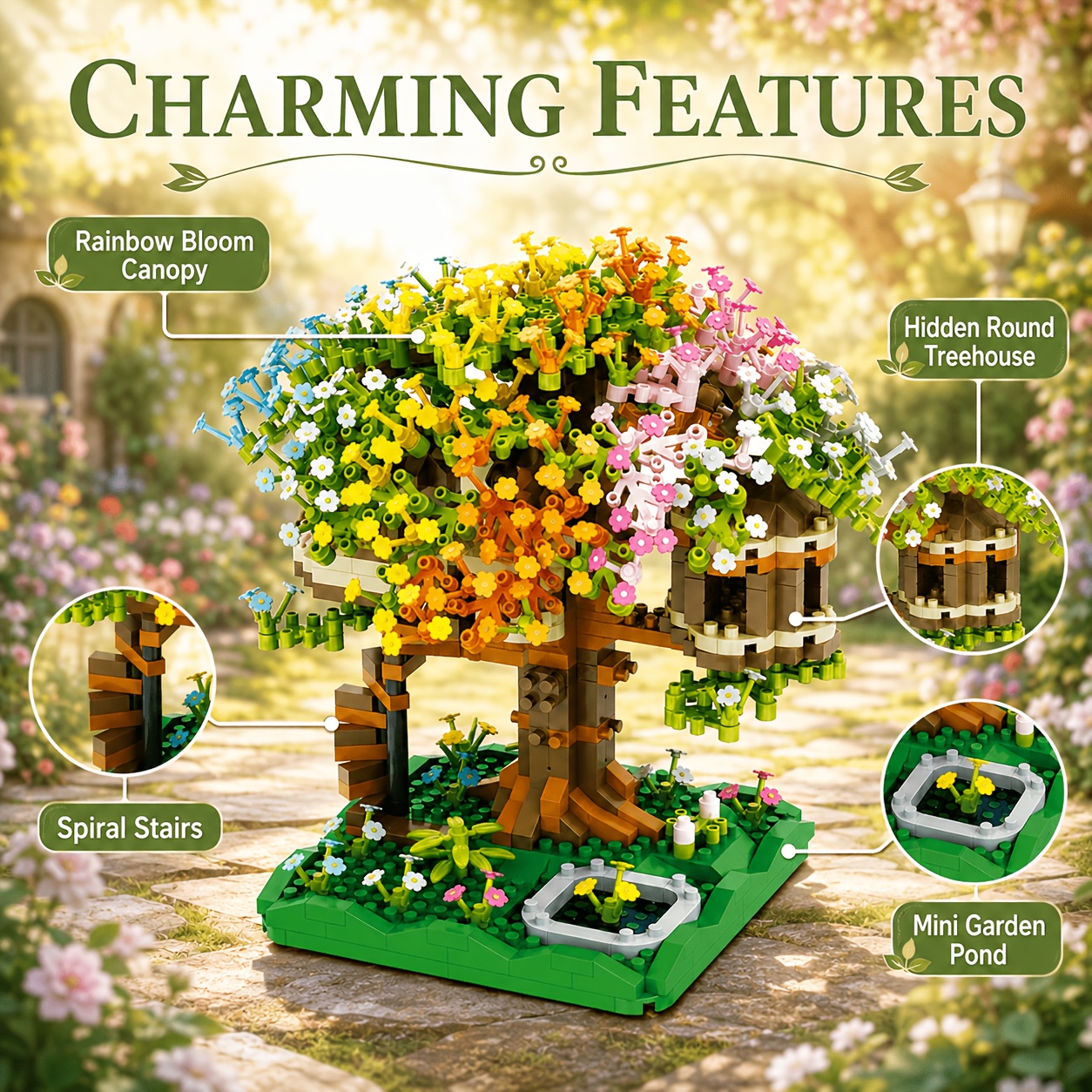 Rainbow Treehouse Building Blocks Set, Dreamy Floral Garden Cottage